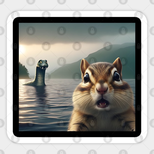 Scared chipmunk standing near Loch Ness in Scotland takes selfie with Loch Ness Monster Nessie Sticker by Luxinda